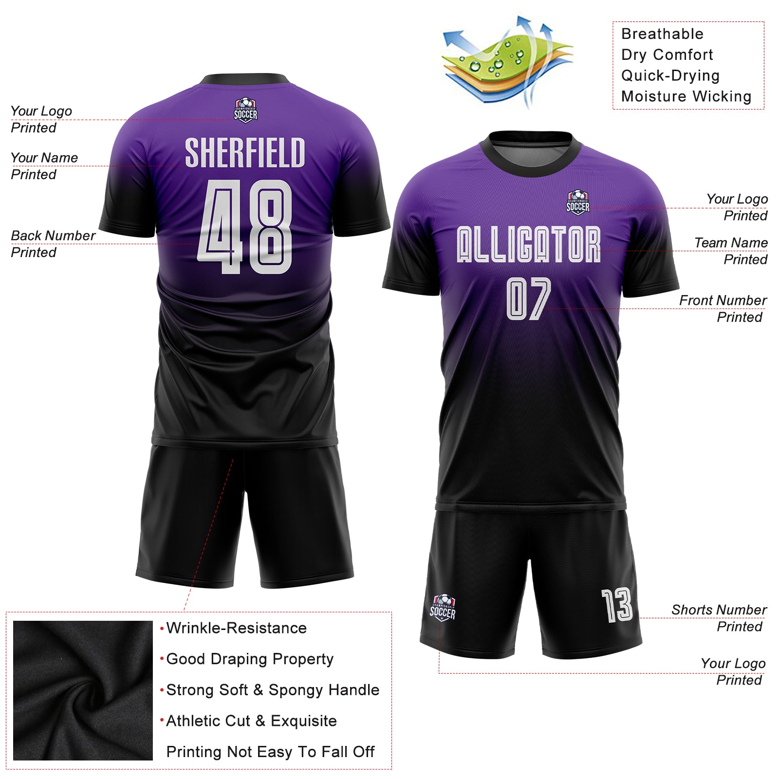 Custom Purple White-Black Sublimation Fade Fashion Soccer Uniform Jersey  Discount