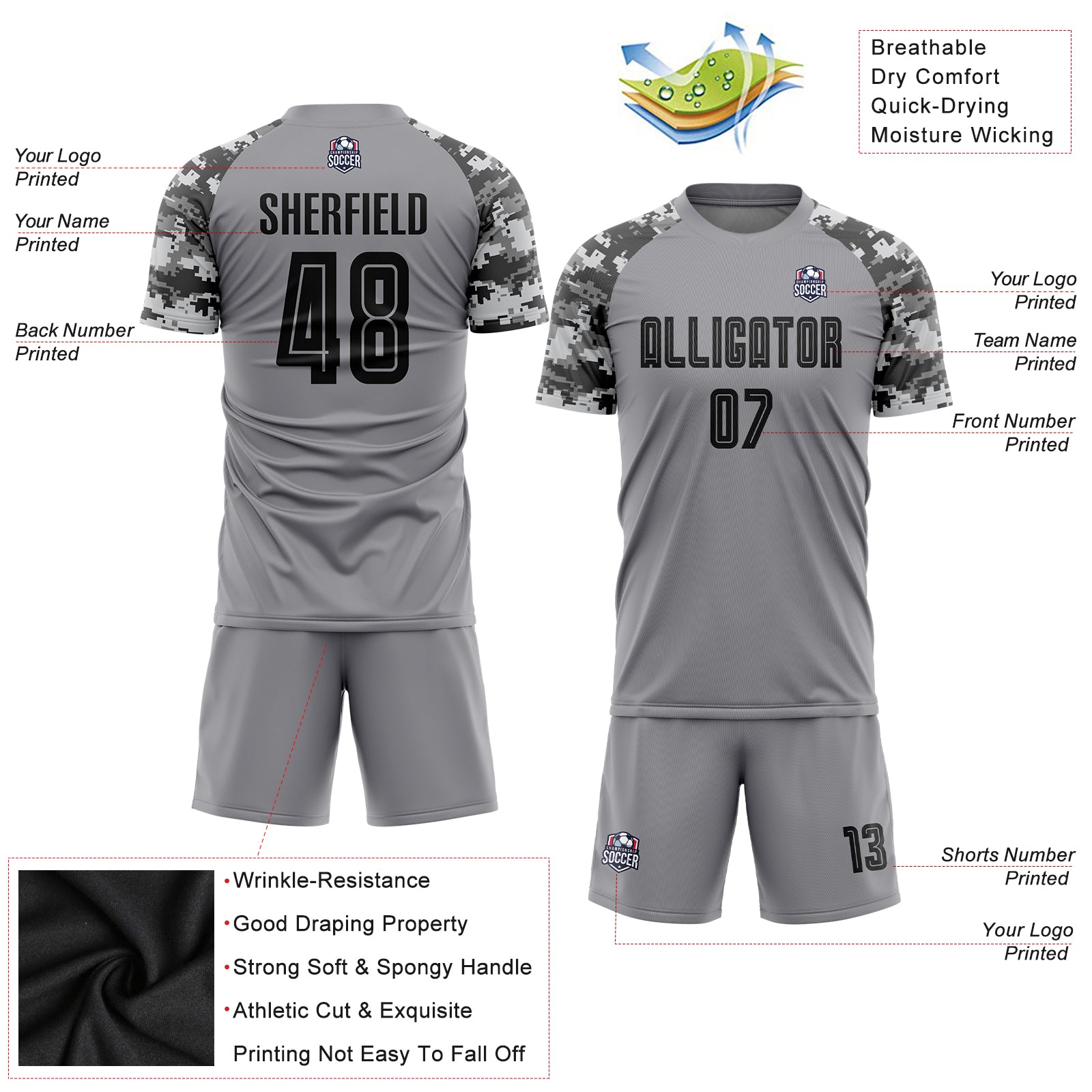 Custom Gray Black-Camo Sublimation Soccer Uniform Jersey