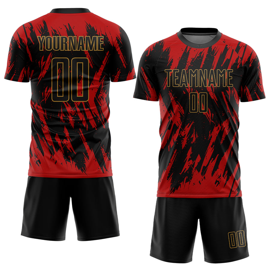 Custom Red Black-Old Gold Sublimation Soccer Uniform Jersey