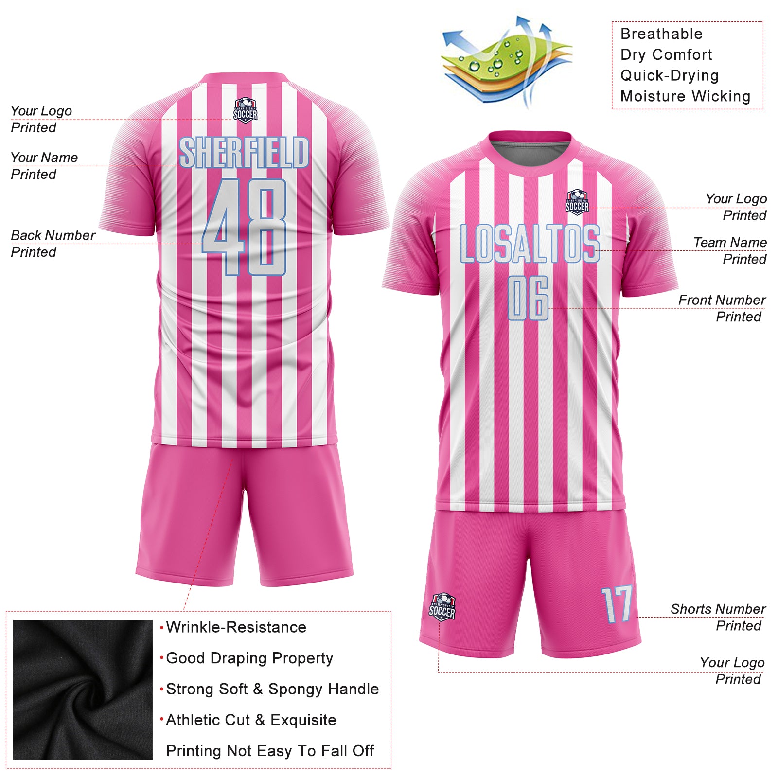 Custom Black Soccer Uniform Jersey Pink-Light Blue Sublimation - FansIdea