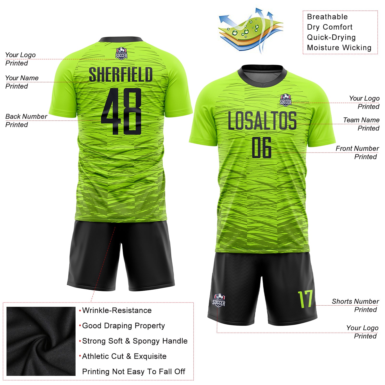 Custom Neon Green Black Sublimation Soccer Uniform Jersey