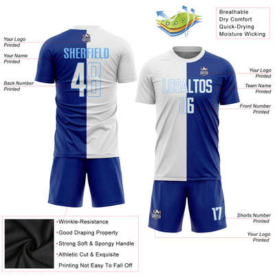 Custom Royal White-Light Blue Sublimation Split Fashion Soccer Uniform Jersey