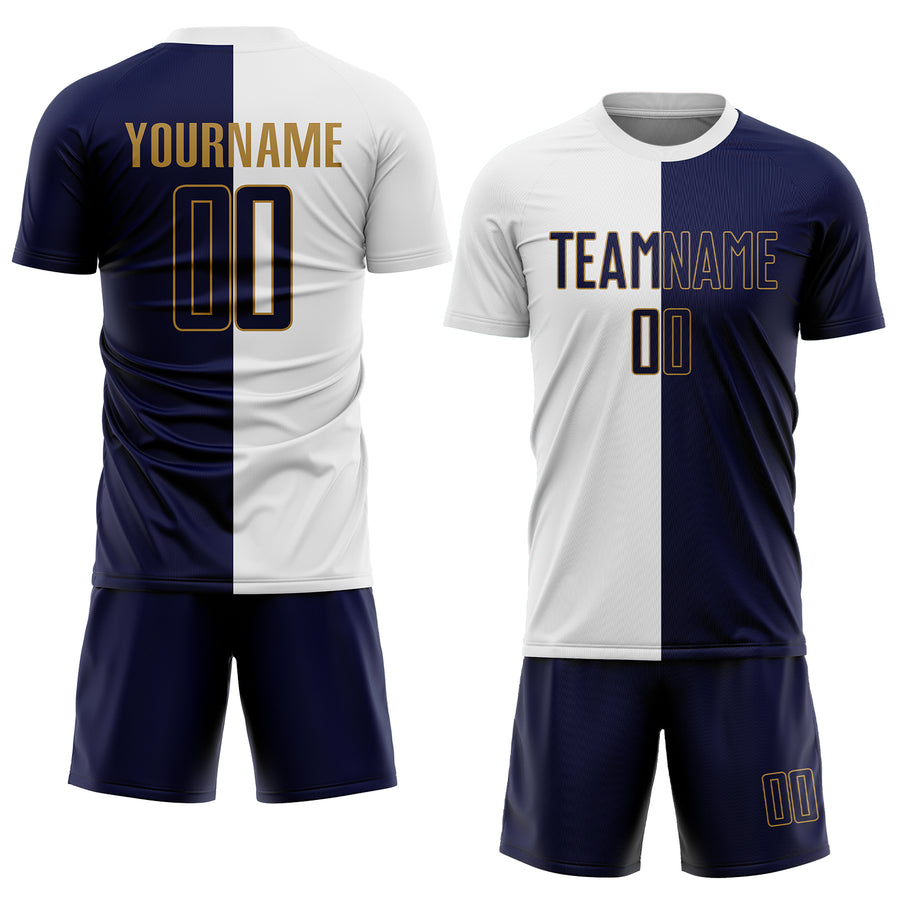 Custom White Navy-Old Gold Sublimation Split Fashion Soccer Uniform Jersey