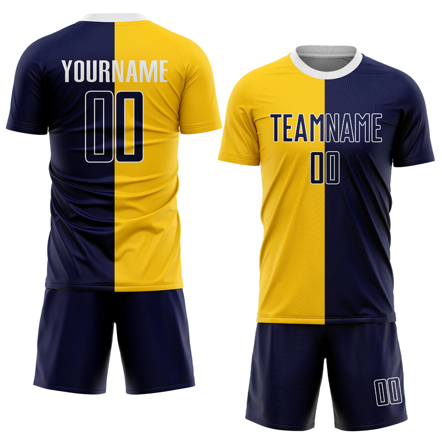 Custom Gold Navy-White Sublimation Split Fashion Soccer Uniform Jersey