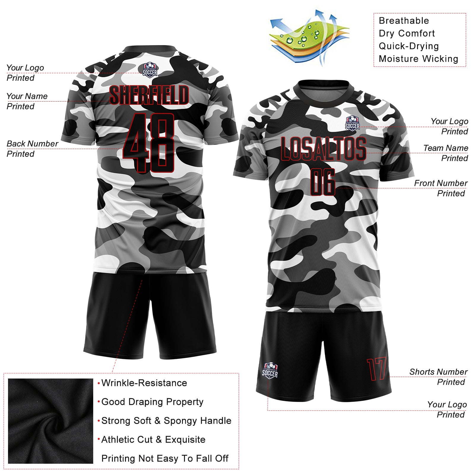 Custom Camo Black-Red Sublimation Salute To Service Soccer Uniform Jersey