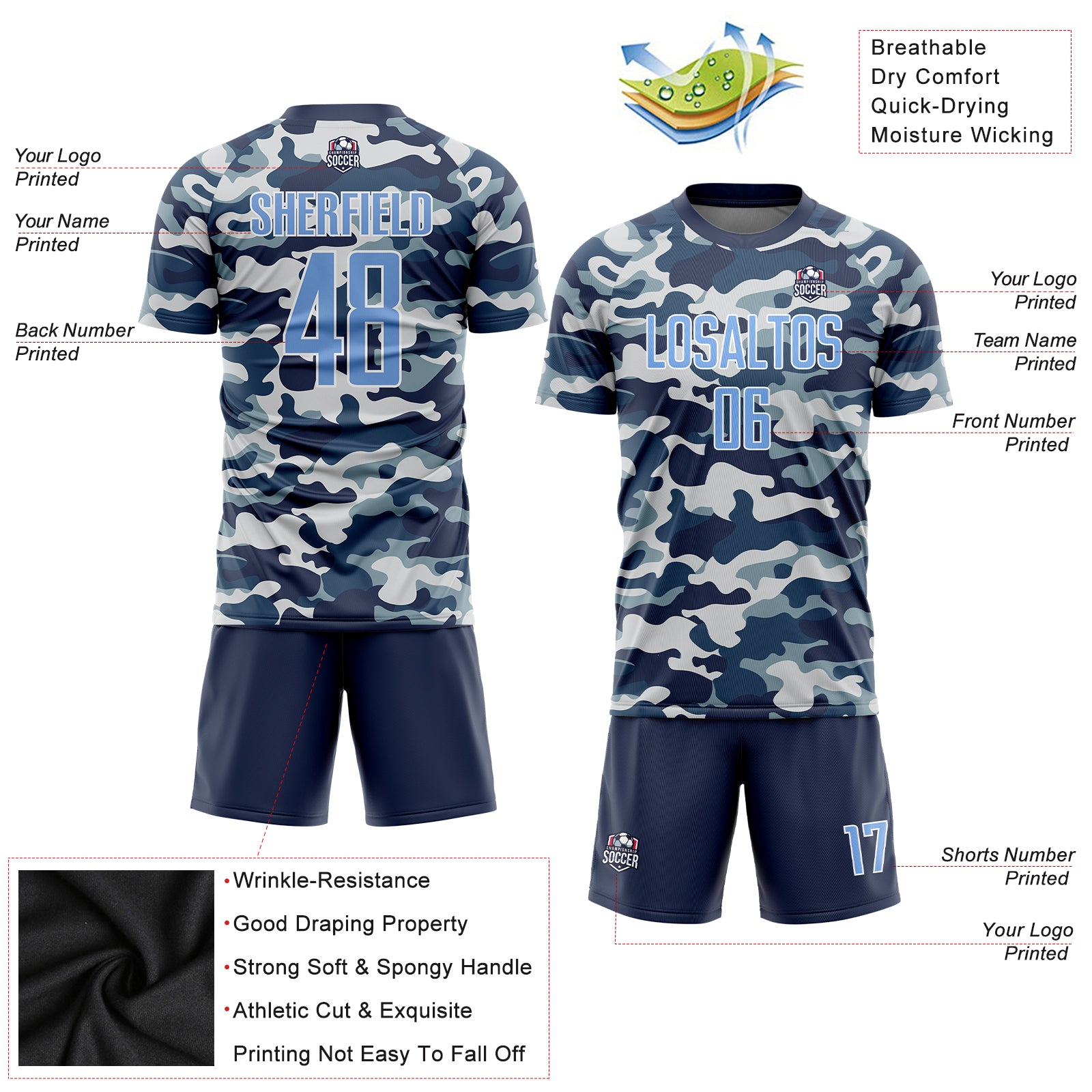 Custom Camo Light Blue-Royal Sublimation Salute To Service Soccer Uniform Jersey