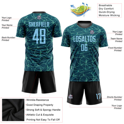 Custom Teal Light Blue-Black Sublimation Soccer Uniform Jersey