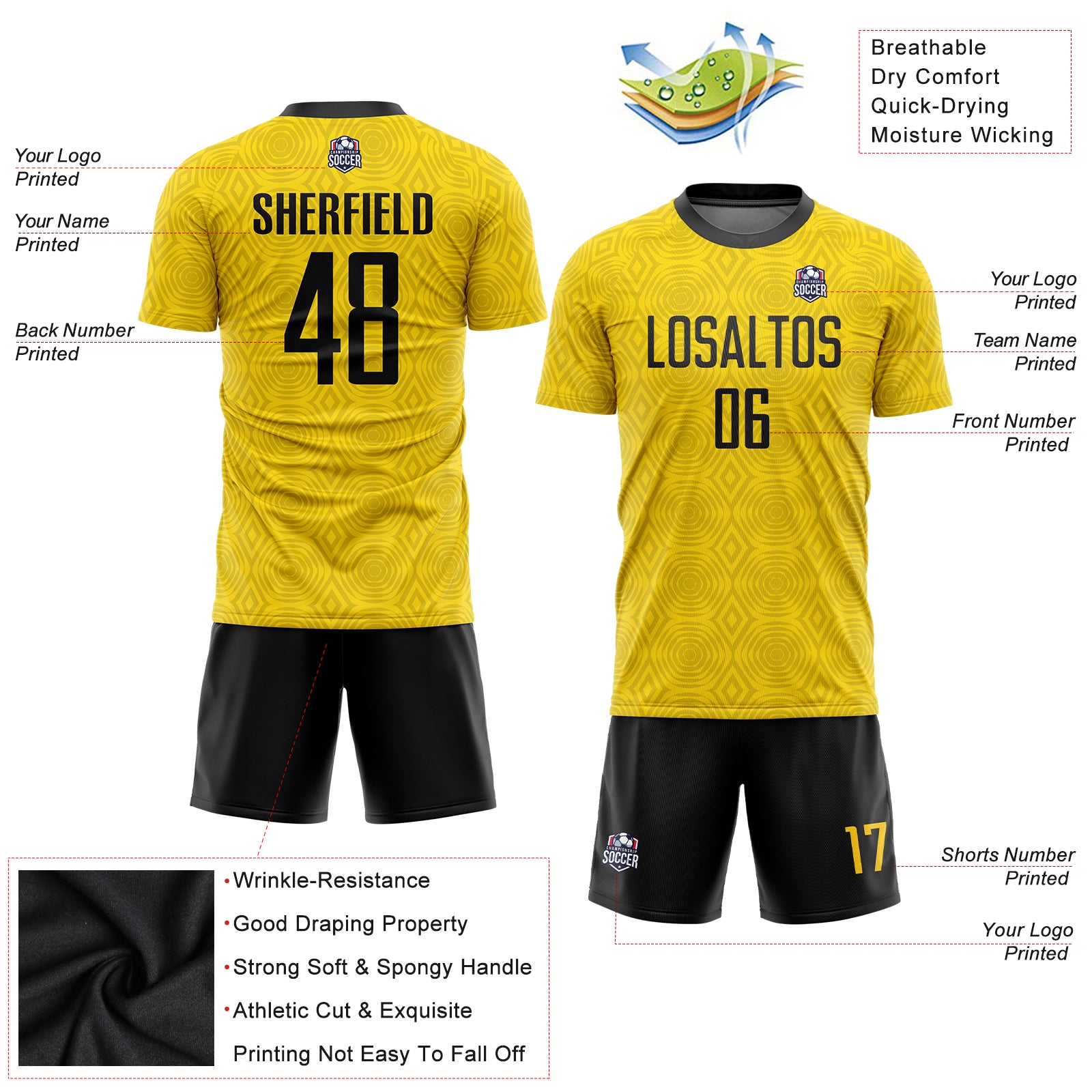 Custom Gold Black Sublimation Soccer Uniform Jersey