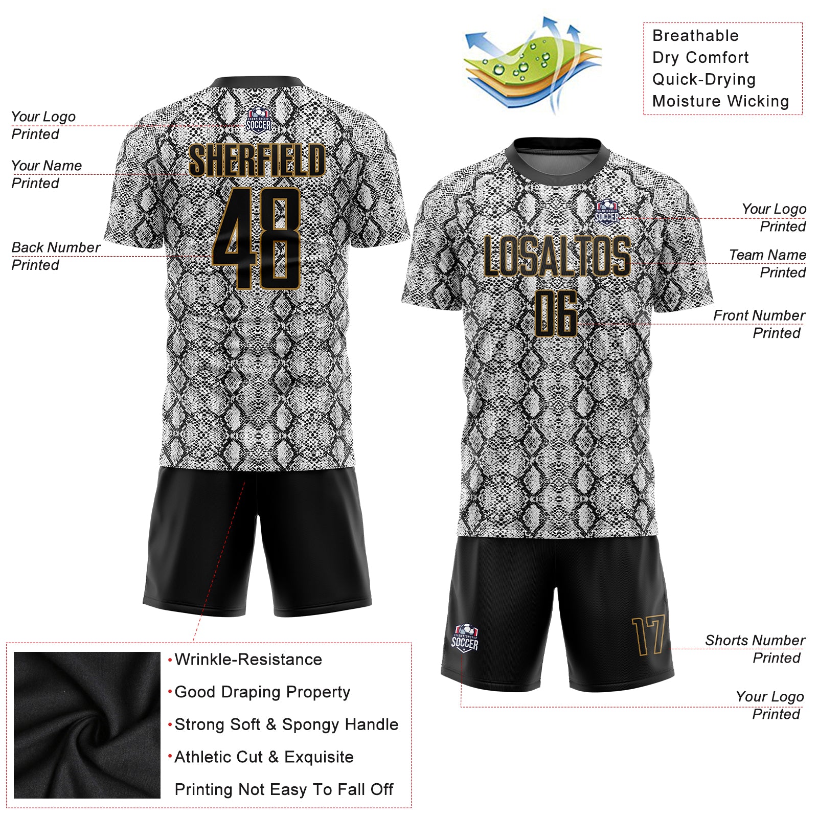 Custom Black Black-Old Gold Sublimation Snakeskin Soccer Uniform Jersey