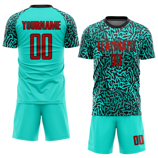 Custom Aqua Red-Black Sublimation Soccer Uniform Jersey Free Shipping –  Fiitg