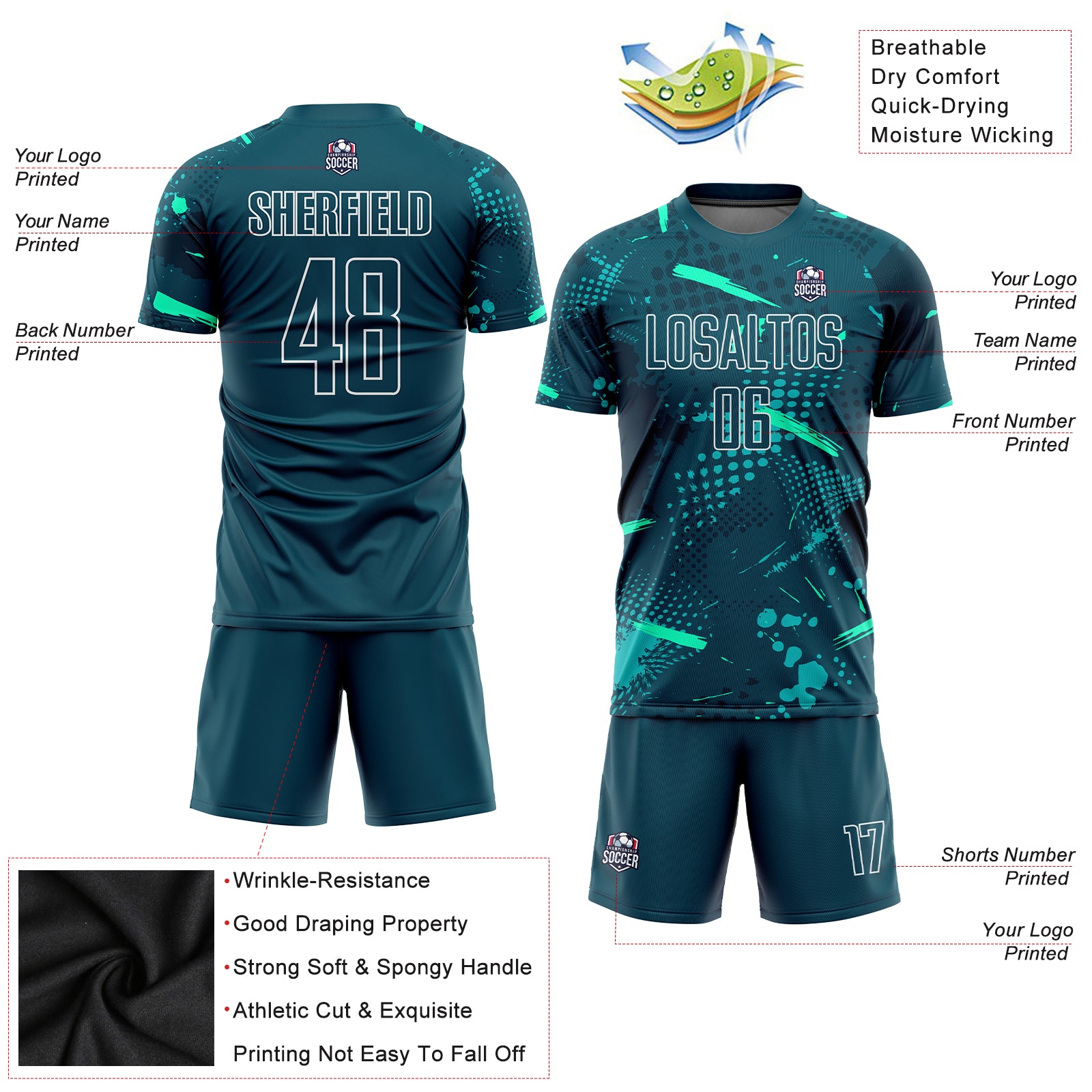 Custom Green Green-Teal Sublimation Soccer Uniform Jersey