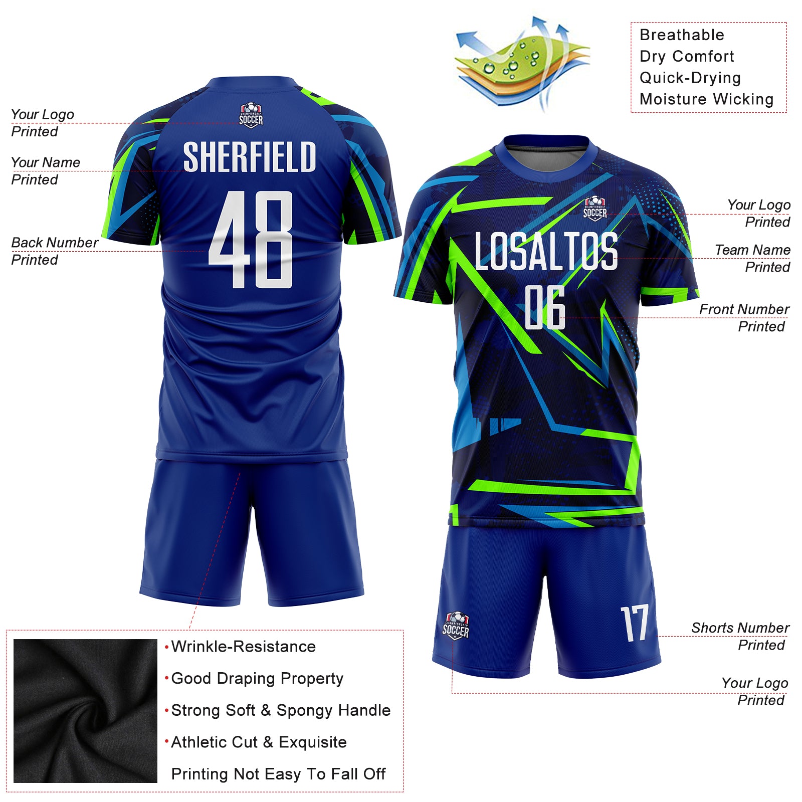 Custom Royal White-Neon Green Sublimation Soccer Uniform Jersey