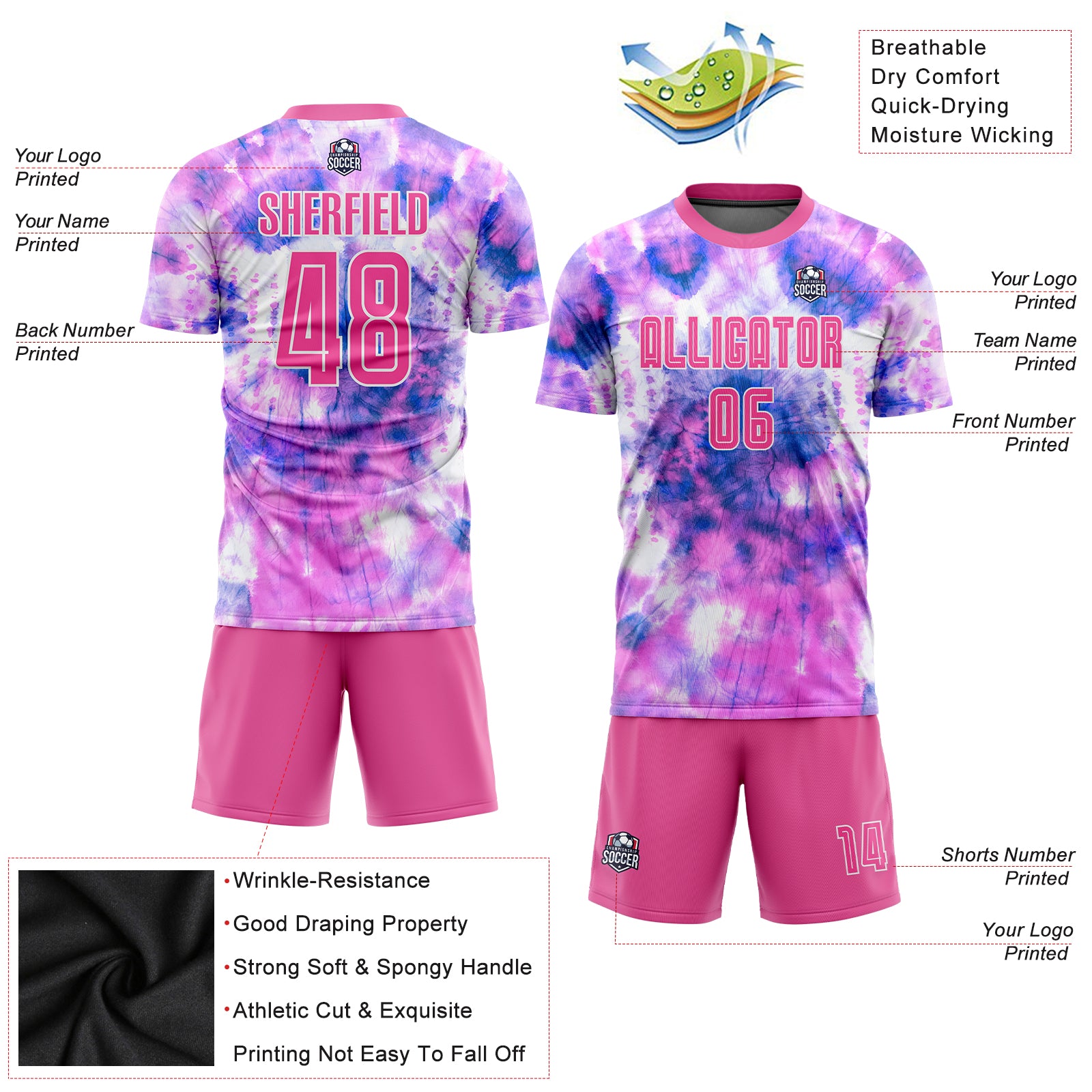 Custom Tie Dye Pink-White Sublimation Soccer Uniform Jersey