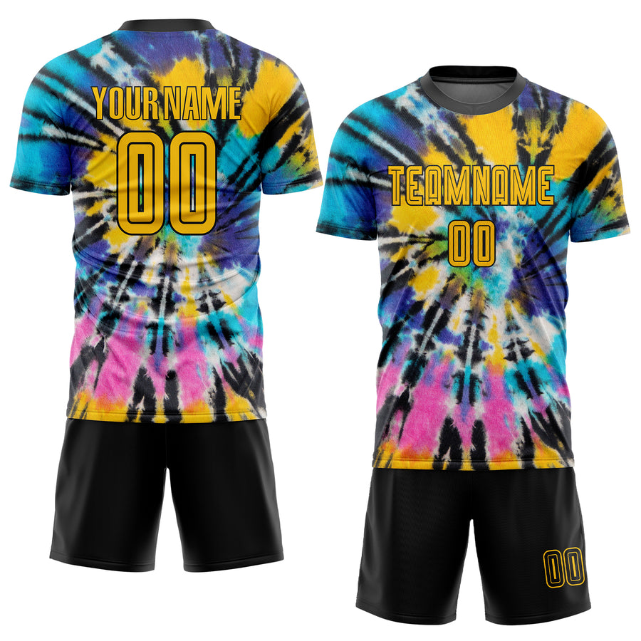 Custom Tie Dye Gold-Black Sublimation Soccer Uniform Jersey