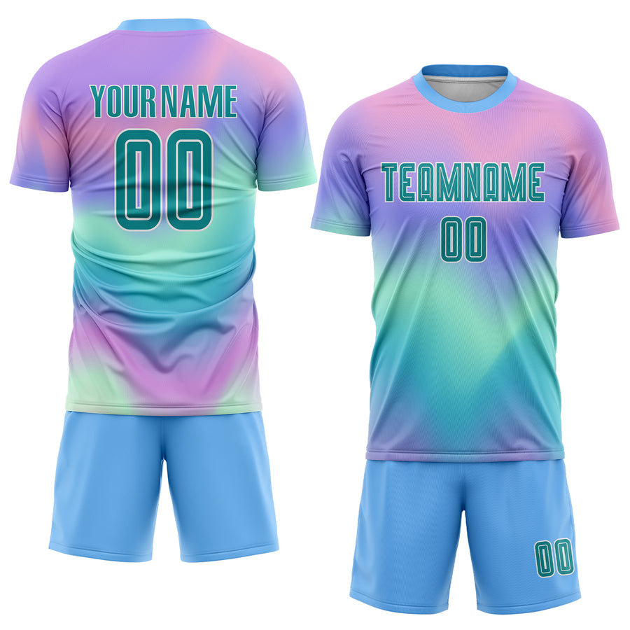 Custom Tie Dye Teal-White Sublimation Soccer Uniform Jersey