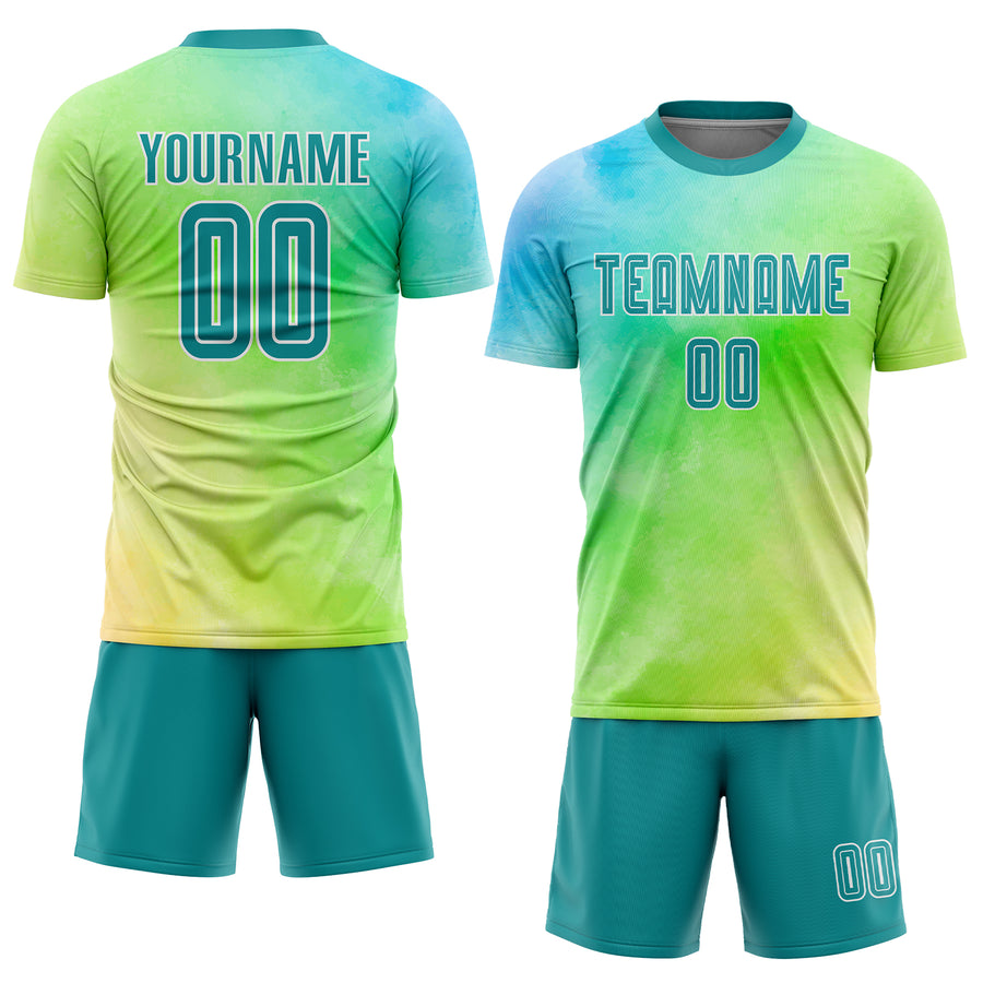 Custom Tie Dye Teal-White Sublimation Soccer Uniform Jersey