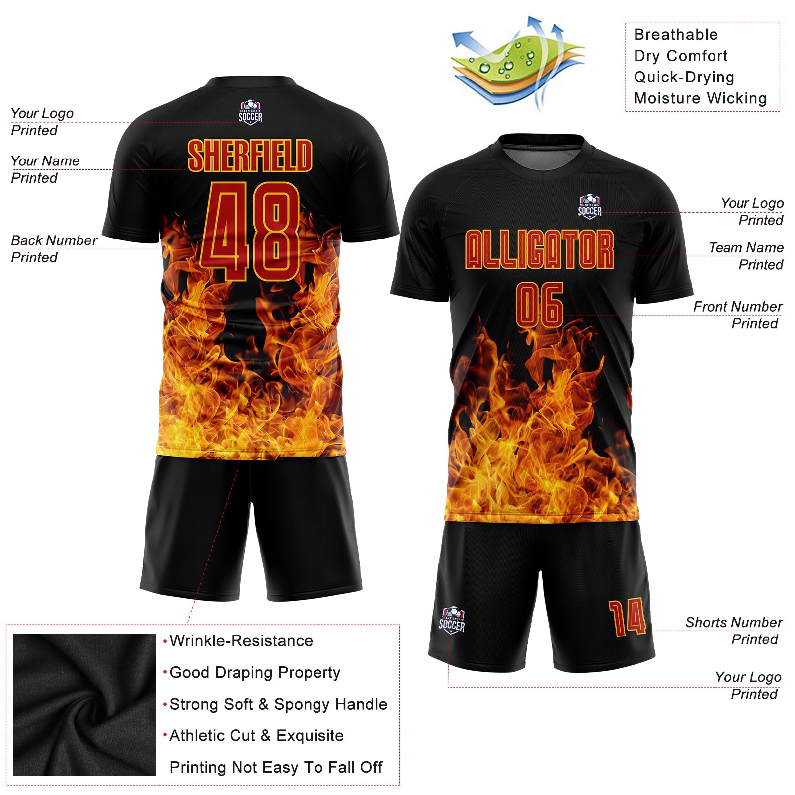 Custom Black Red-Gold Flame Sublimation Soccer Uniform Jersey