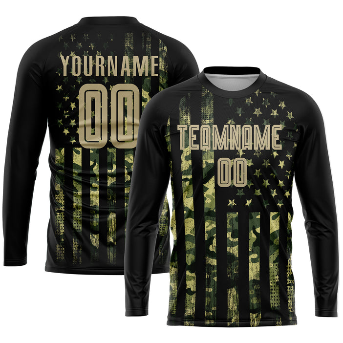 Custom Camo Vegas Gold-Black American Flag Fashion Sublimation Salute To Service Soccer Uniform Jersey