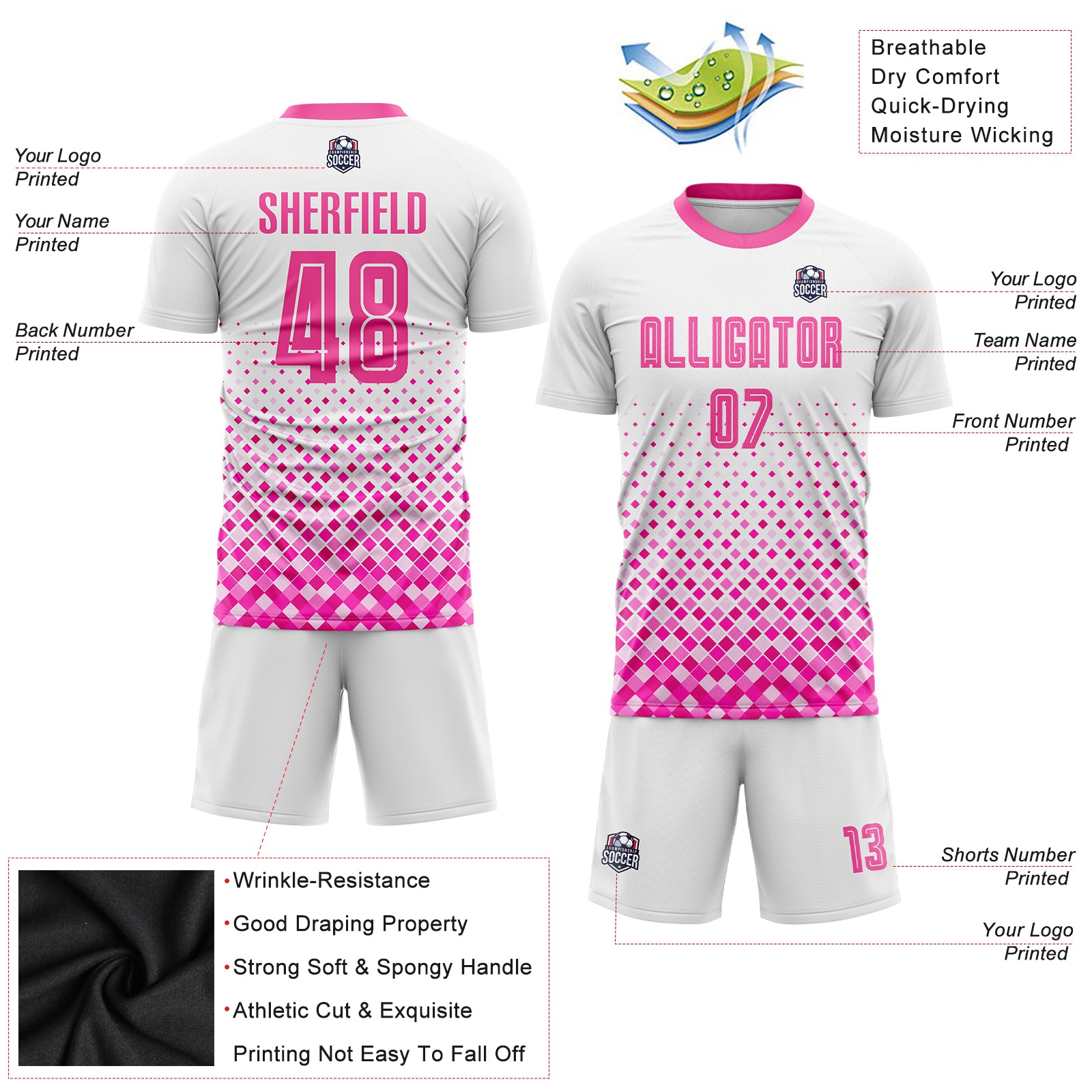 Custom White Pink Sublimation Soccer Uniform Jersey