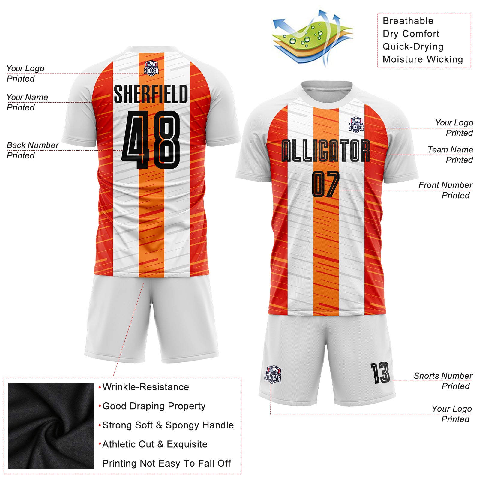 Custom White Black-Orange Sublimation Soccer Uniform Jersey