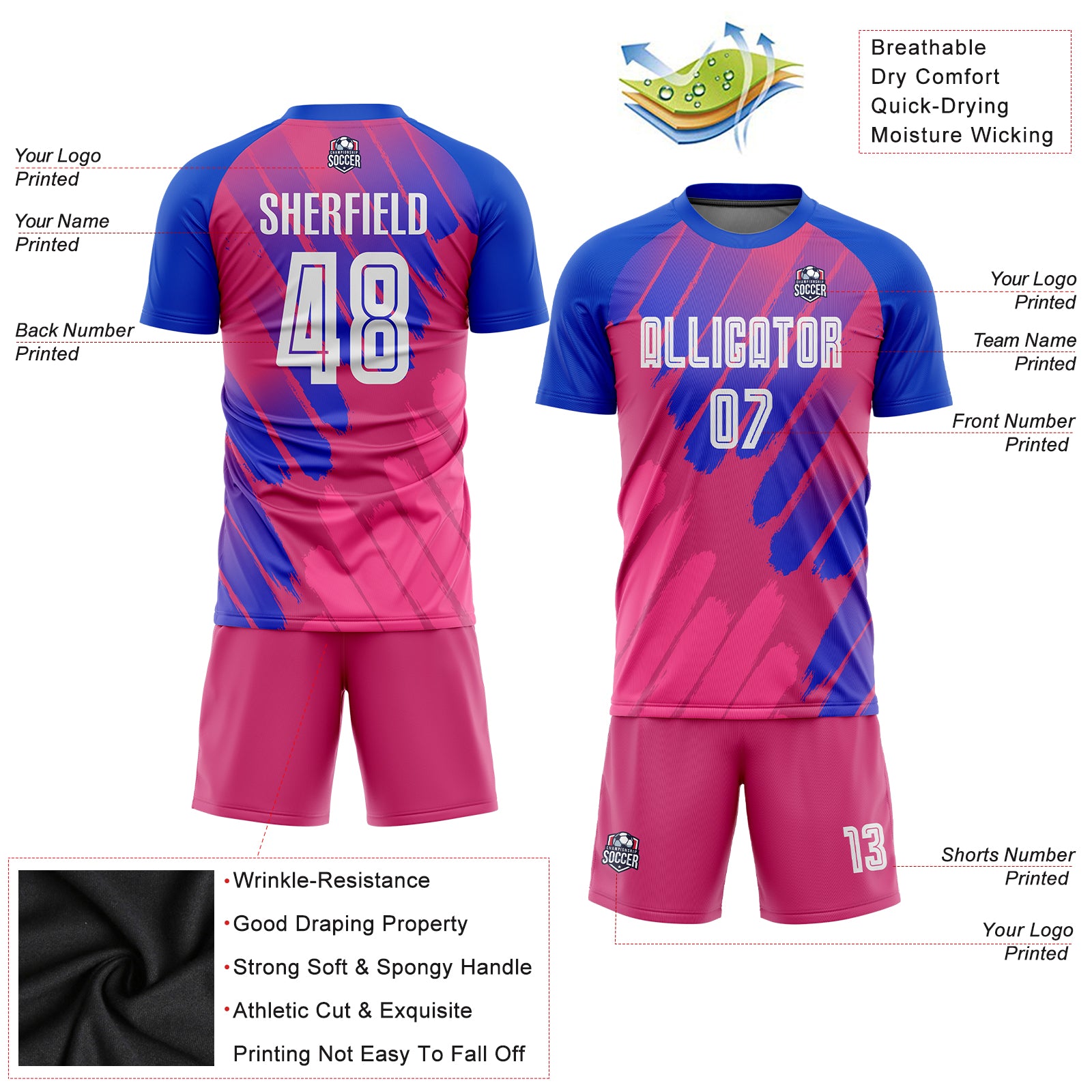 FANSIDEA Custom Royal White Light Blue-Hot Pink Sublimation Soccer Uniform Jersey Men's Size:3XL