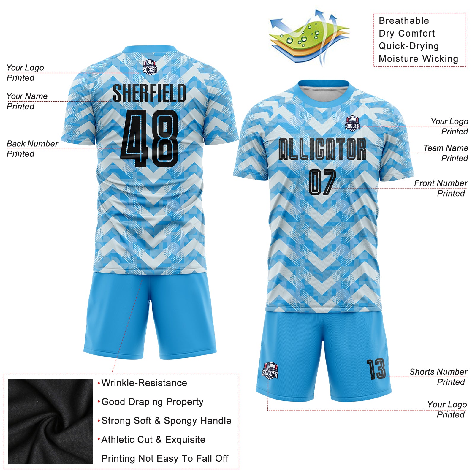 Custom Light Blue Black-White Home Sublimation Soccer Uniform Jersey