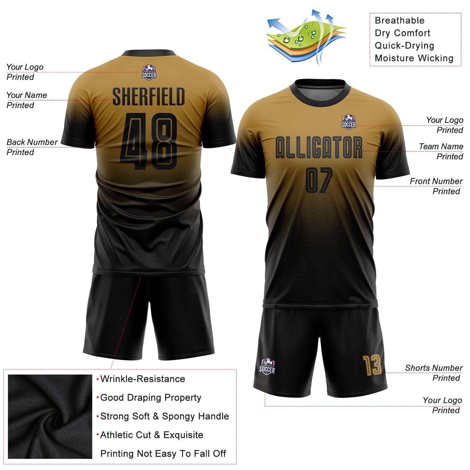 Custom Old Gold Black Sublimation Fade Fashion Soccer Uniform Jersey