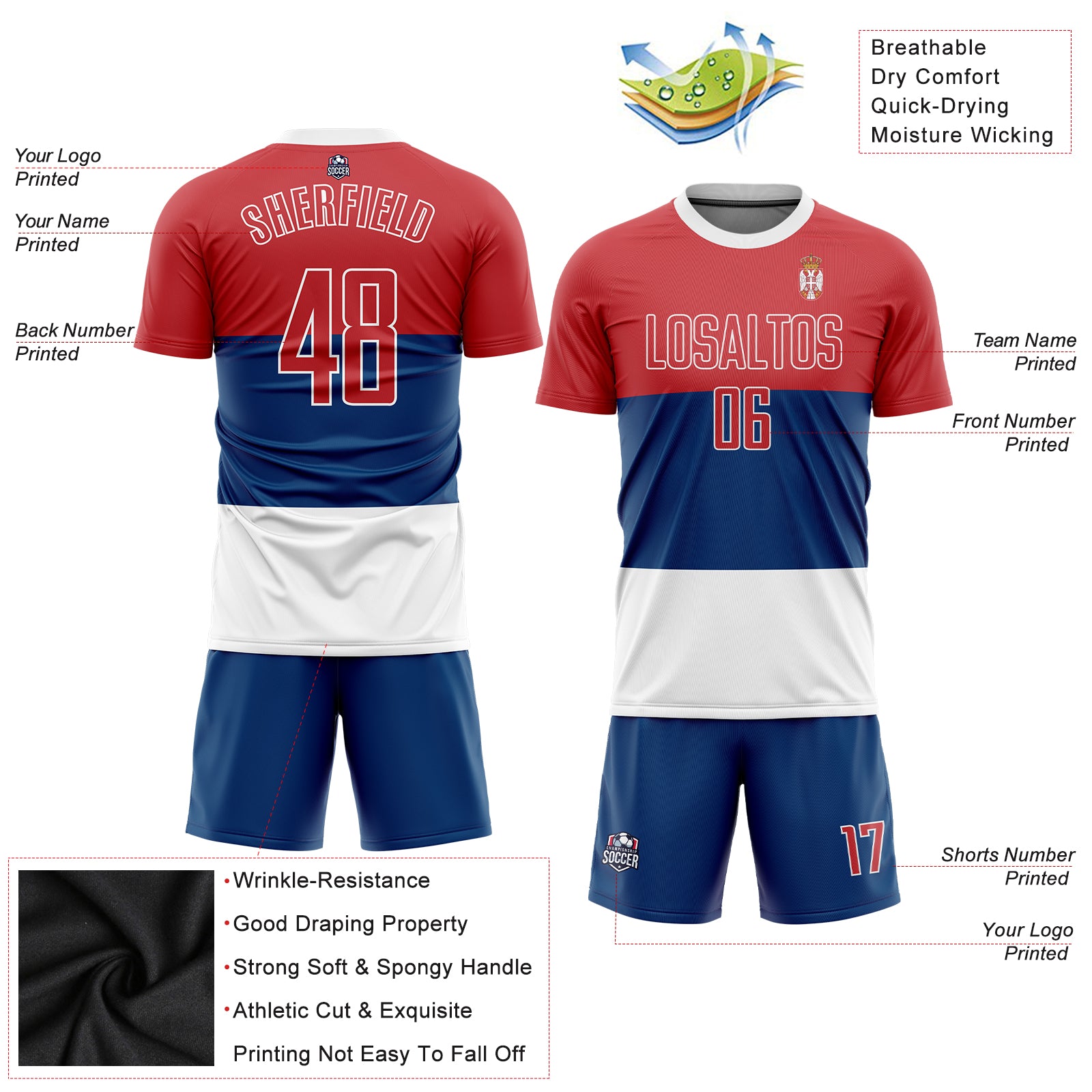 Cheap Custom Royal Red-White Sublimation Soccer Uniform Jersey