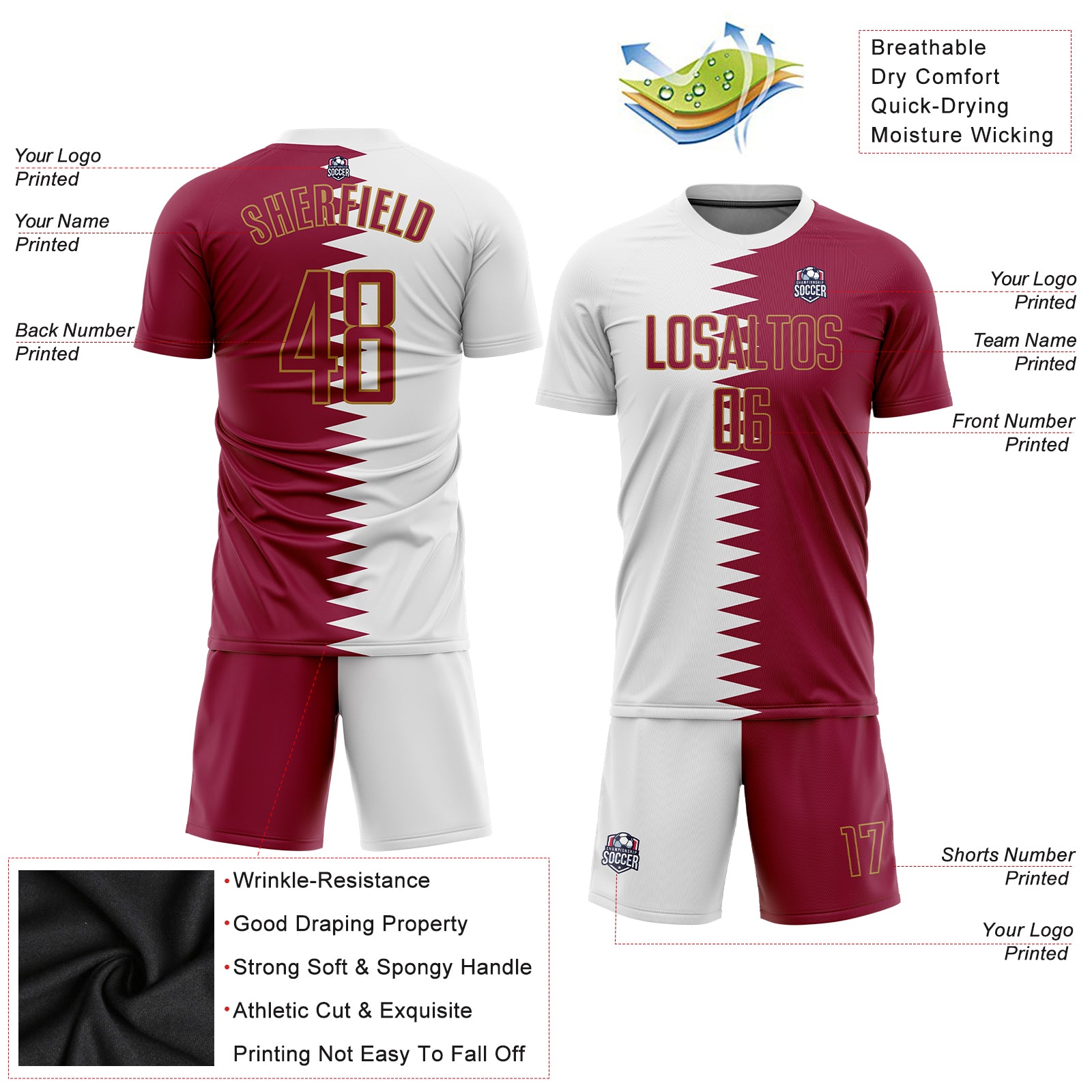 Custom Red White-Gold Sublimation Soccer Uniform Jersey