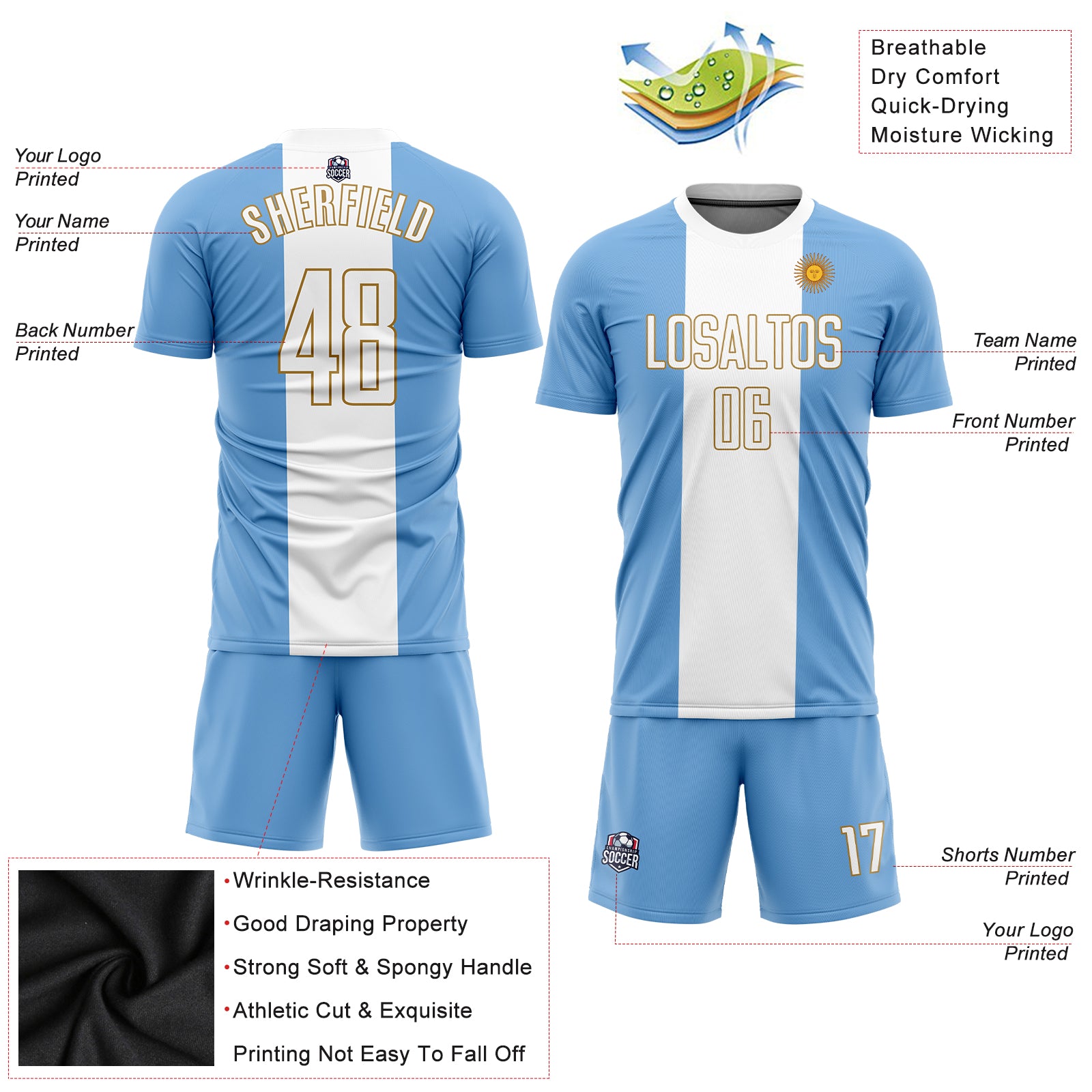 Custom Light Blue White-Old Gold Sublimation Argentinian Flag Soccer Uniform Jersey