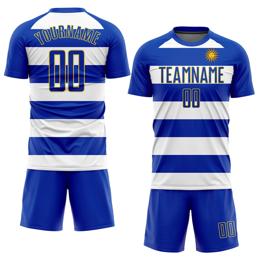 Custom White Royal-Gold Sublimation Uruguayan Flag Soccer Uniform Jersey