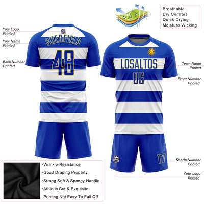 Custom White Royal-Gold Sublimation Uruguayan Flag Soccer Uniform Jersey