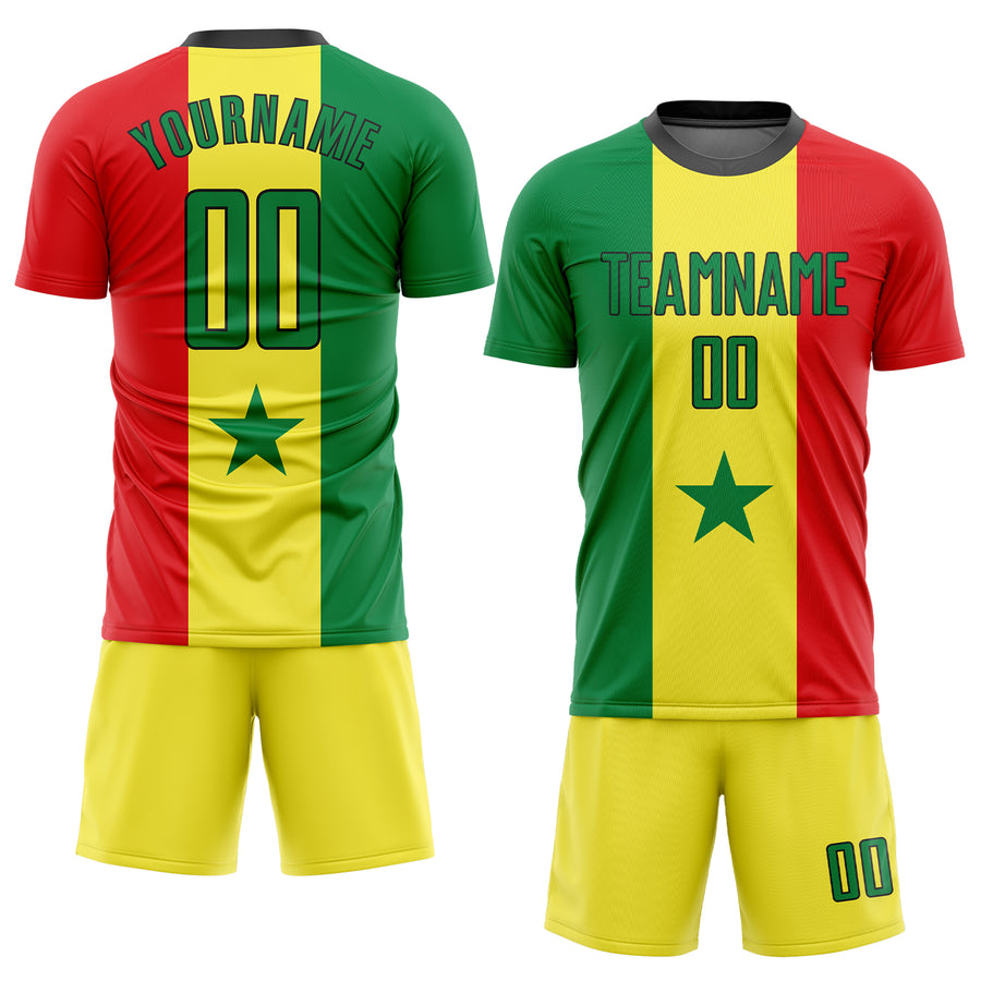 Custom Gold Kelly Green Red-Black Sublimation Senegalese Flag Soccer Uniform Jersey