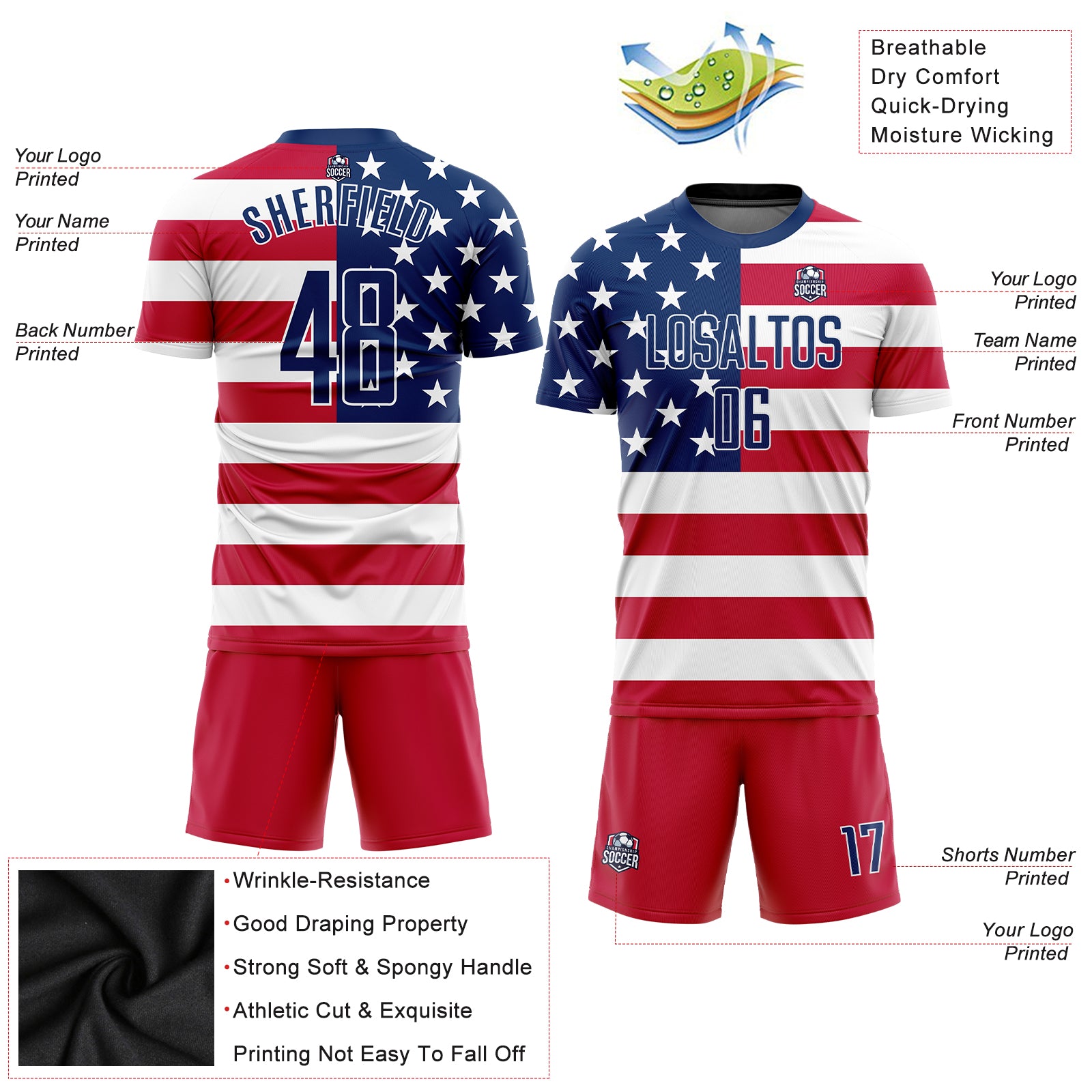 Custom Red Royal-White Sublimation American Flag Soccer Uniform Jersey