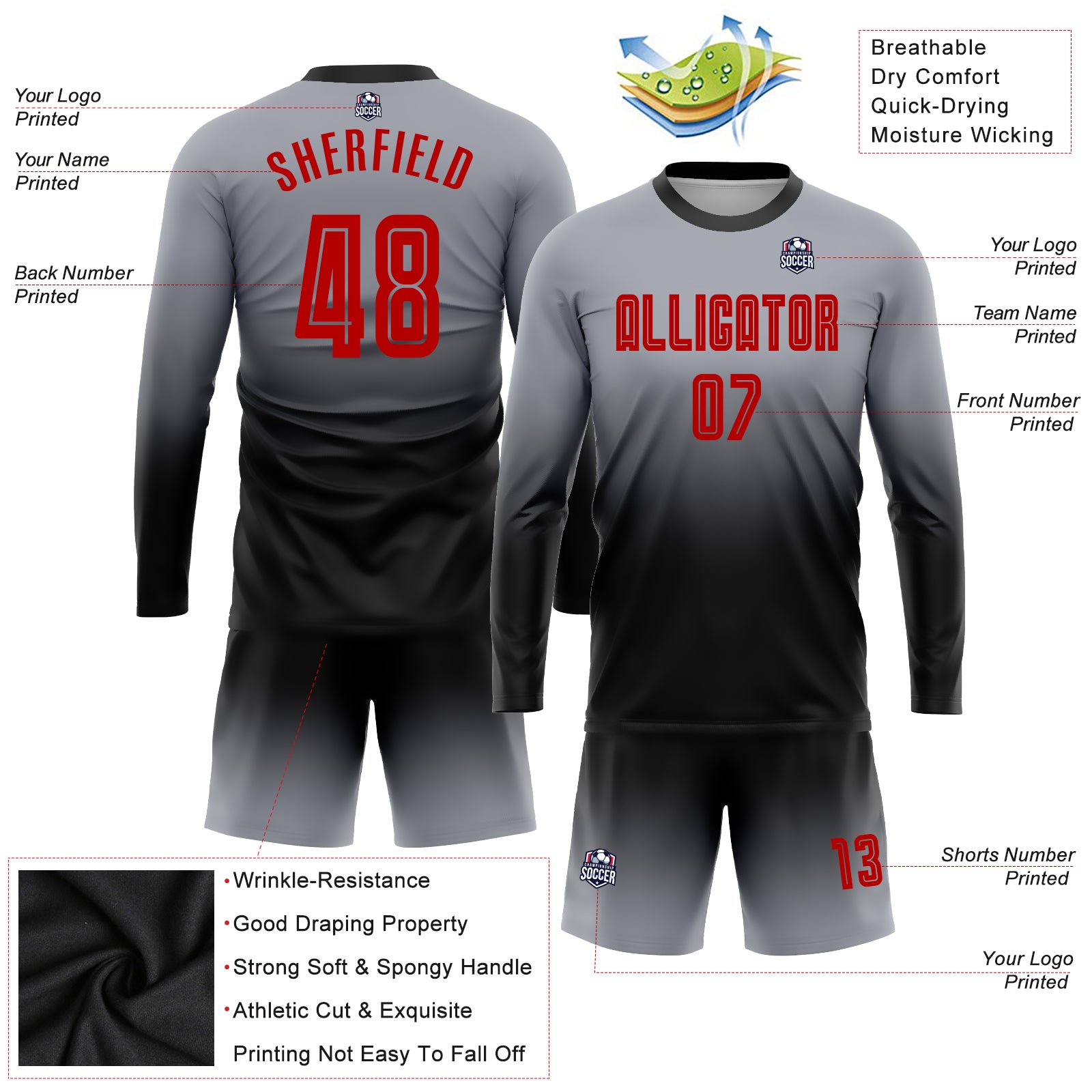 FANSIDEA Custom Light Blue White-Red Sublimation Long Sleeve Fade Fashion Soccer Uniform Jersey Men's Size:3XL