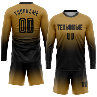 Custom Old Gold Black Sublimation Long Sleeve Fade Fashion Soccer Uniform Jersey