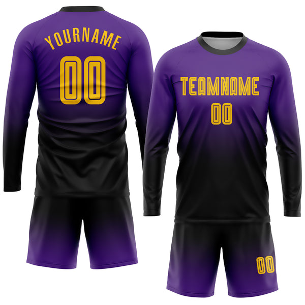 Custom Old Gold Black-Purple Sublimation Long Sleeve Fade Fashion Soccer  Uniform Jersey
