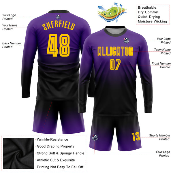 Custom Purple Gold-Black Sublimation Long Sleeve Fade Fashion Soccer  Uniform Jersey