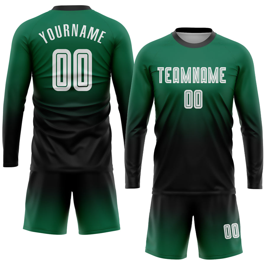 Custom Kelly Green White-Black Sublimation Long Sleeve Fade Fashion Soccer Uniform Jersey