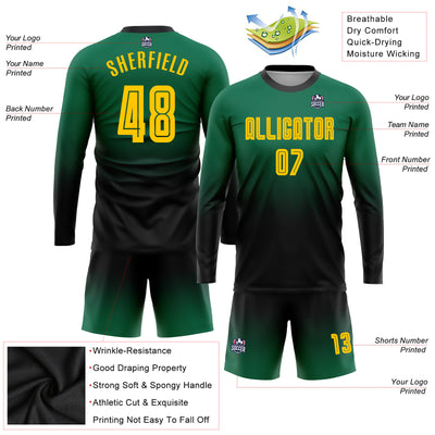 Custom Kelly Green Gold-Black Sublimation Long Sleeve Fade Fashion Soccer Uniform Jersey