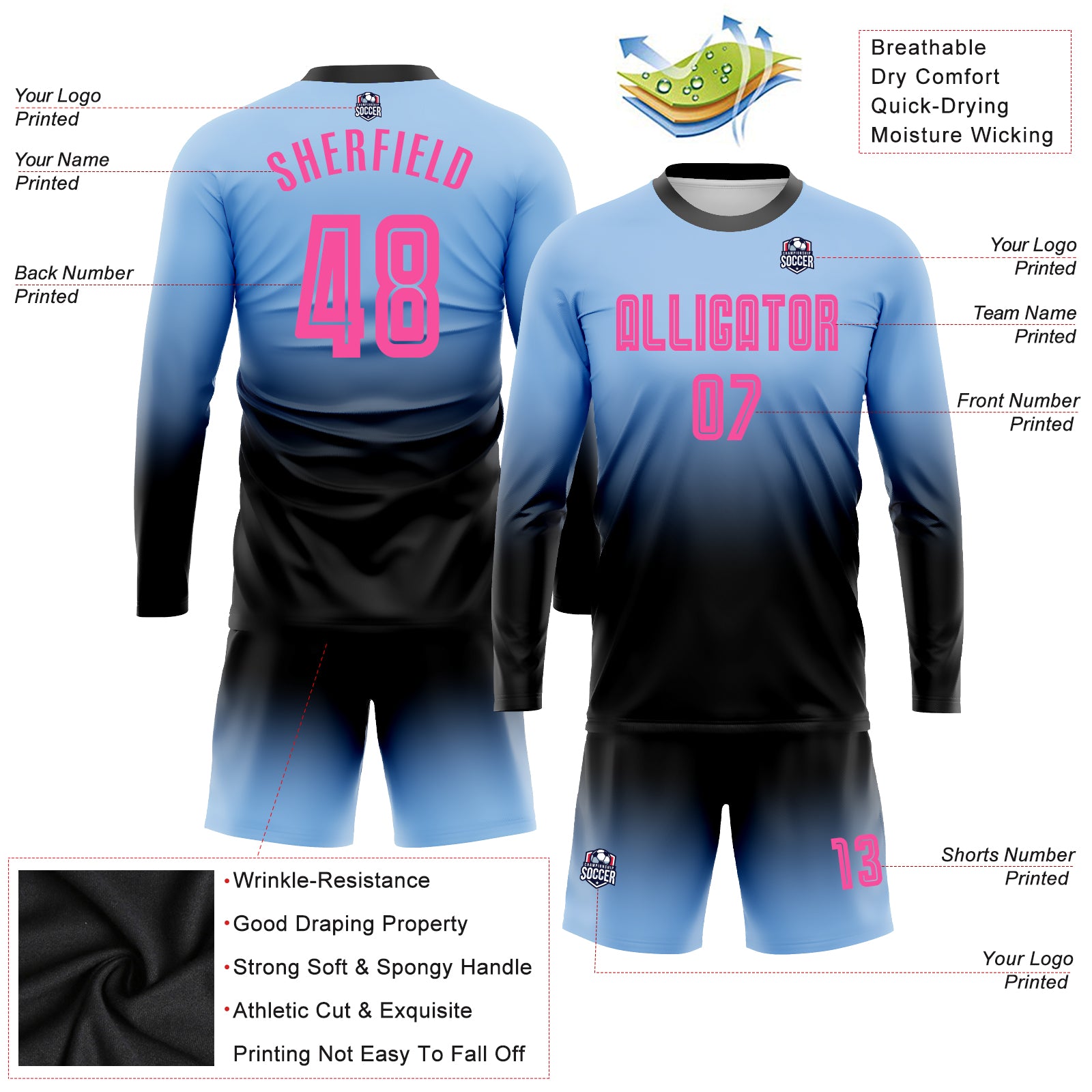 FANSIDEA Custom Black Pink-Light Blue Sublimation Soccer Uniform Jersey Youth Size:110