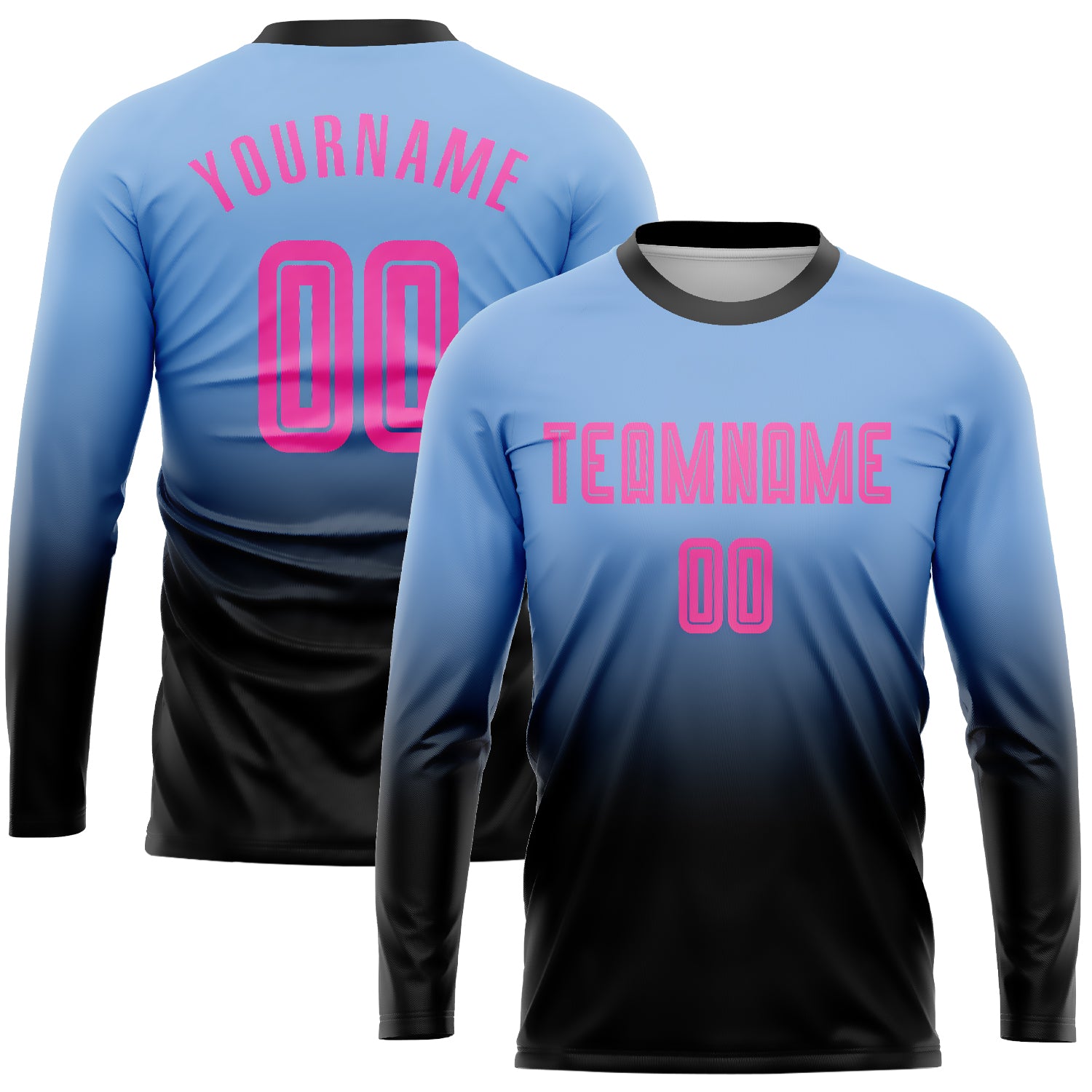 Custom Light Blue Pink-Black Sublimation Long Sleeve Fade Fashion Soccer  Uniform Jersey in 2023