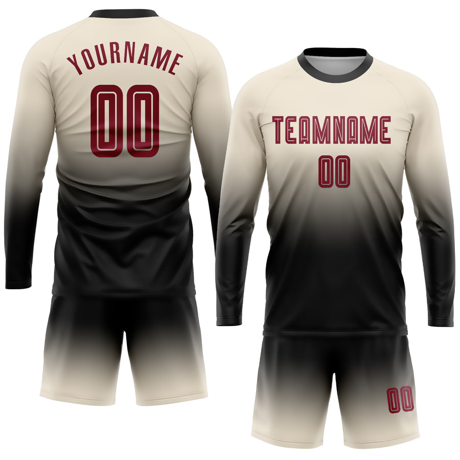 Custom Cream Crimson-Black Sublimation Long Sleeve Fade Fashion Soccer Uniform Jersey