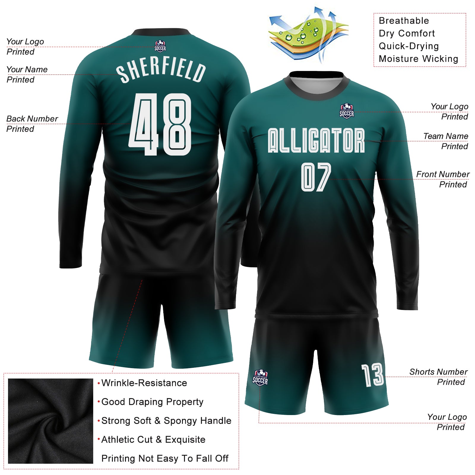 Cheap Custom Teal Teal-Black Sublimation Soccer Uniform Jersey