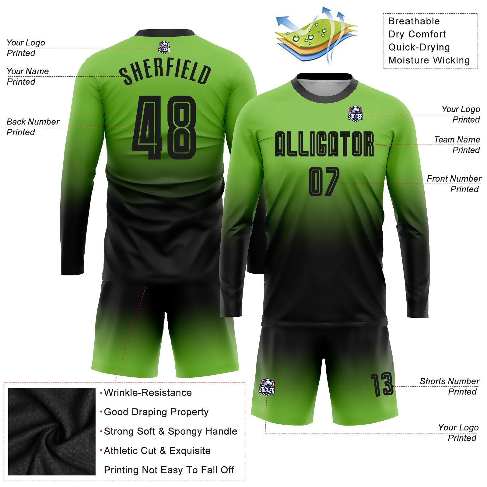 Custom Black Neon Green Sublimation Soccer Uniform Jersey Fast