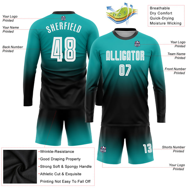 Custom Black Aqua-White Sublimation Soccer Uniform Jersey Fast