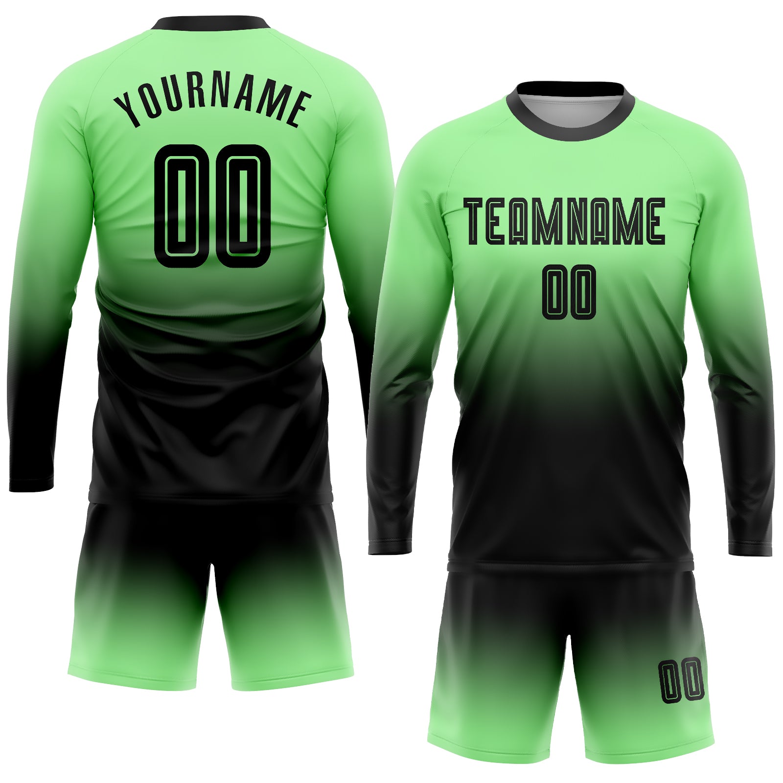 FANSIDEA Custom Pea Green Black Sublimation Long Sleeve Fade Fashion Soccer Uniform Jersey Youth Size:130