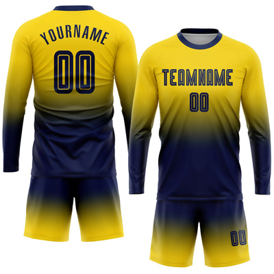 Custom Gold Navy Sublimation Long Sleeve Fade Fashion Soccer Uniform Jersey