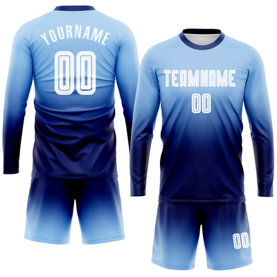 Custom Light Blue White-Navy Sublimation Long Sleeve Fade Fashion Soccer Uniform Jersey