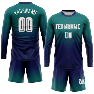 Custom Teal White-Navy Sublimation Long Sleeve Fade Fashion Soccer Uniform Jersey